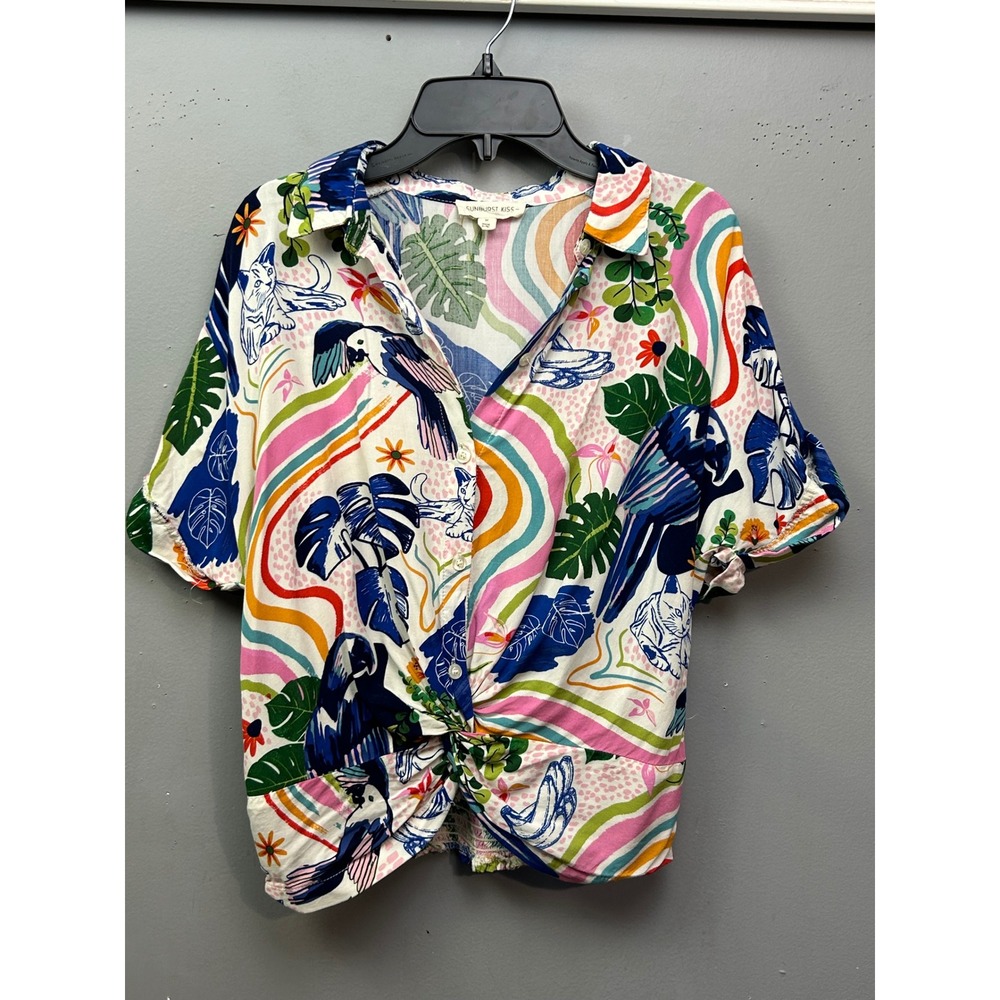 SUNBURST KISS Top Womens Medium Tropical Parrot Floral Print Twist Front Blouse